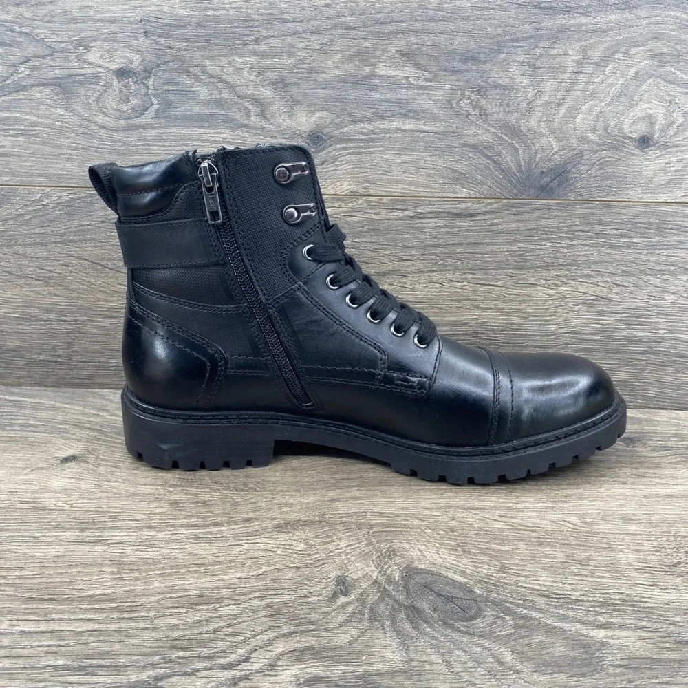 Steve Madden Snyder Combat Boot Mens Size 12 Black Leather Lace Up Side Zip Lug
